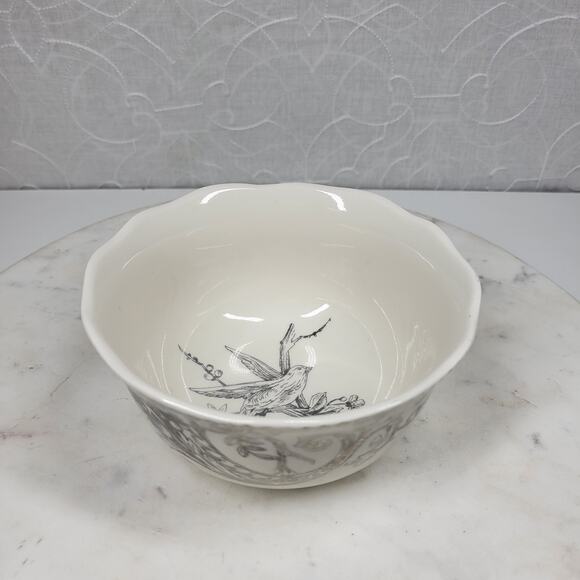 222 Fifth Adelaide Bowl 5.5" Silver Floral Bird White Porcelain Round Scalloped - Picture 4 of 14